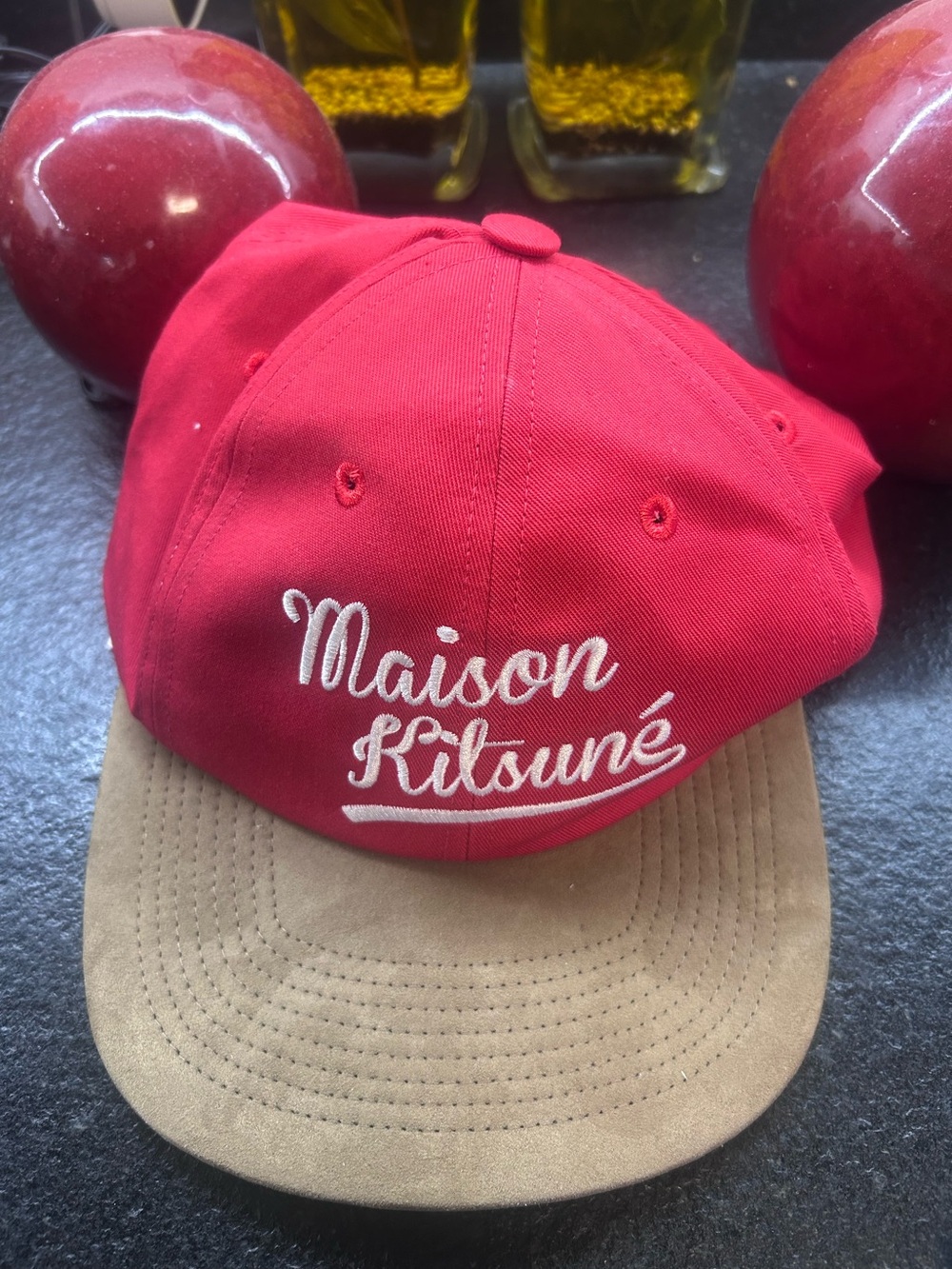 MAISON KITSUNÉ Red Canvas Cap with Tan Suede Brim